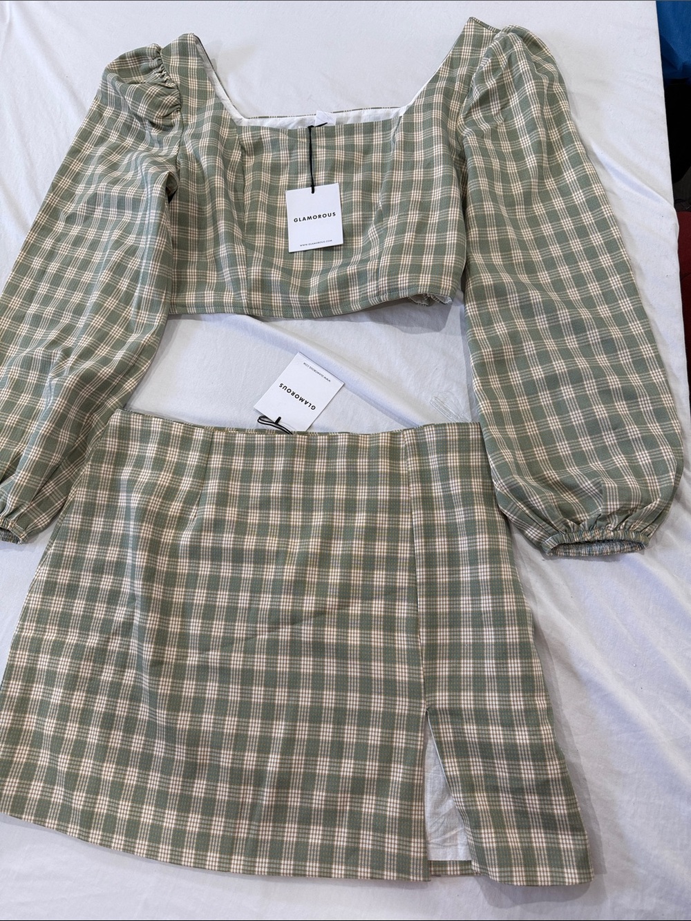 Glamorous Sage Green and Cream Checked two piece